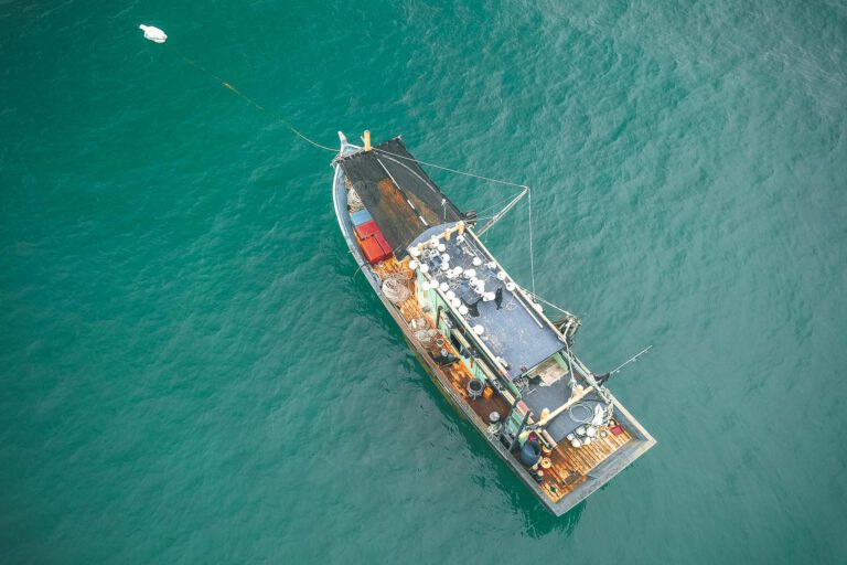 Aerial view of fishing boat floating on azure seawater